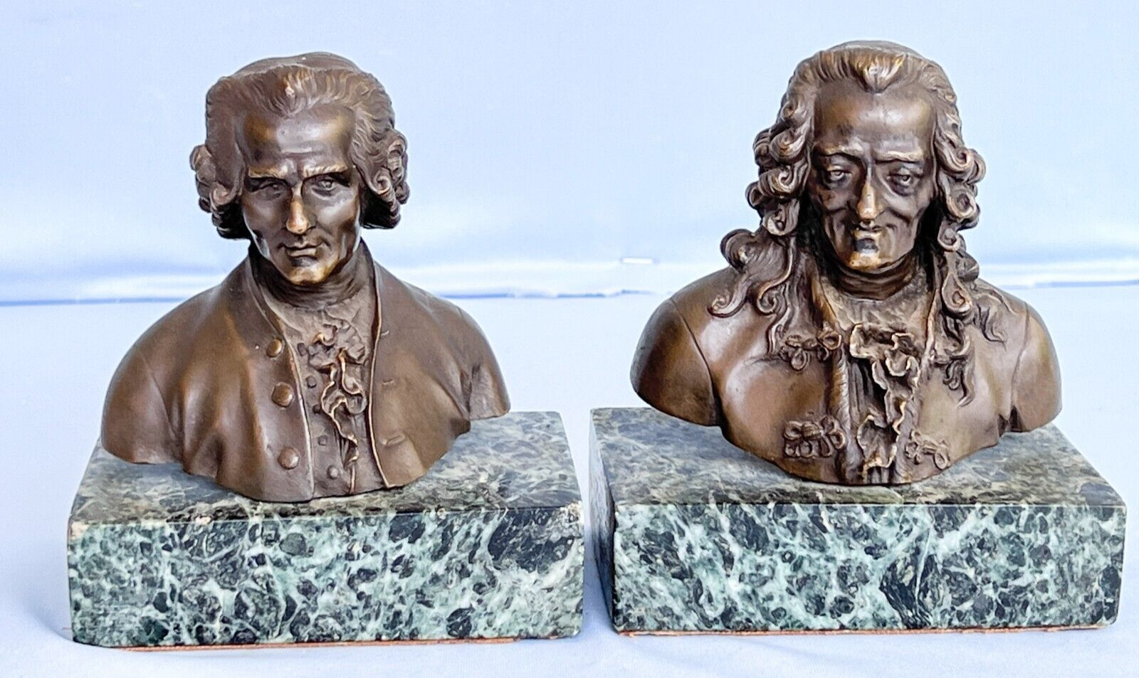 Rare Antique France Rousseau & Voltaire Bronze Busts Philosophy