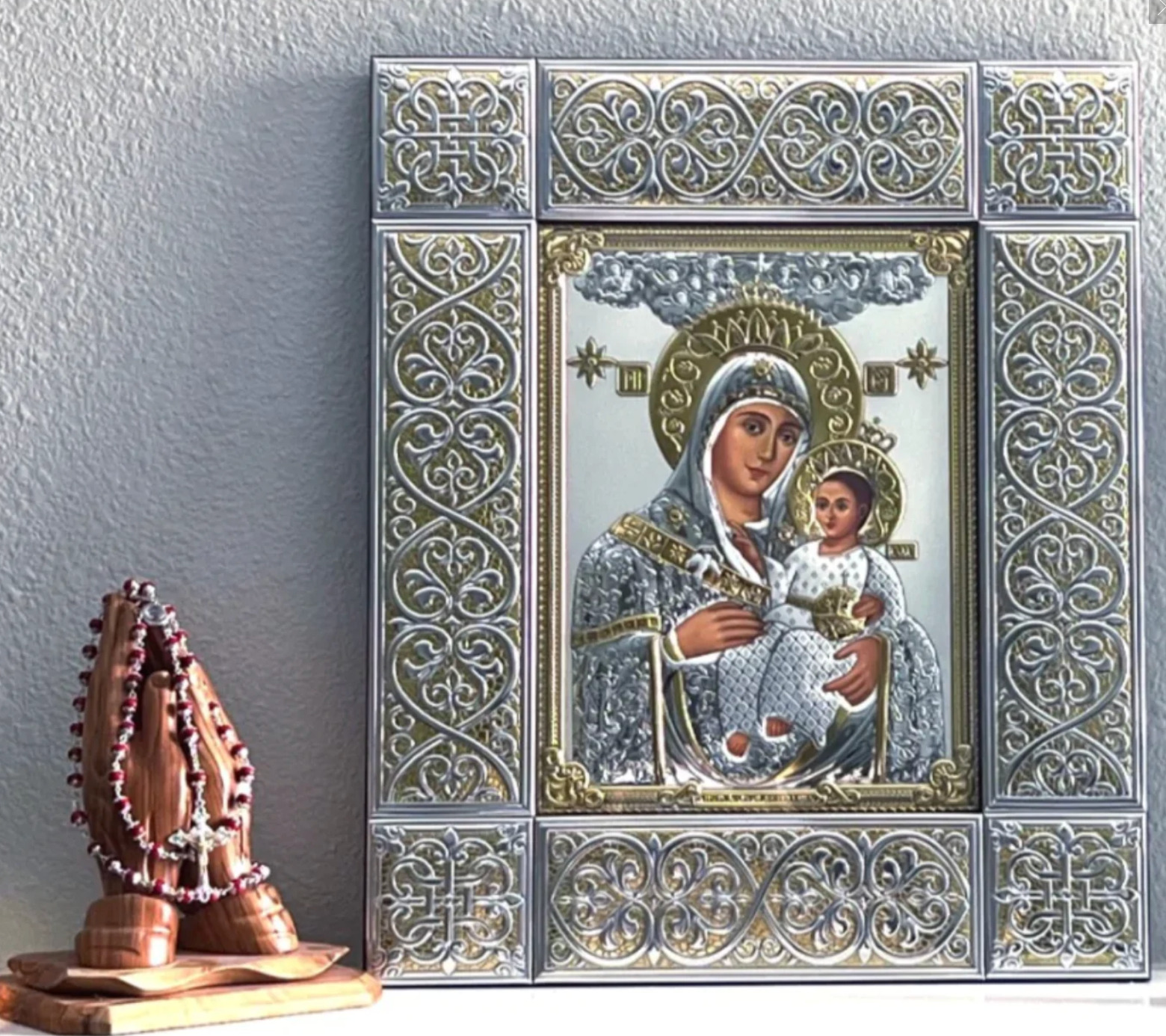 Large Virgin Mary Holding Baby Jesus Christ Silver Icon, Bethlehem Smiling, 20\