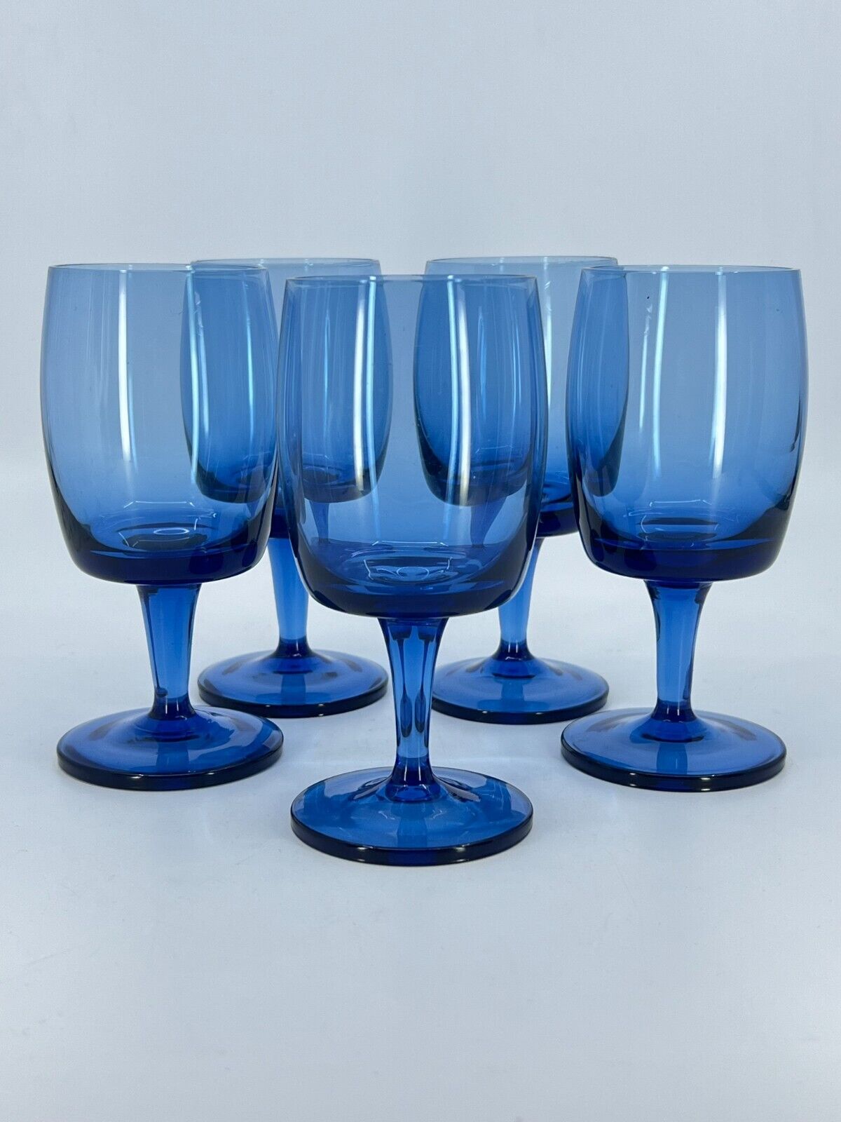 Set of 5 MCM Vintage Gorham Reizart Crystal Deep Blue Accent Wine Goblets Glass