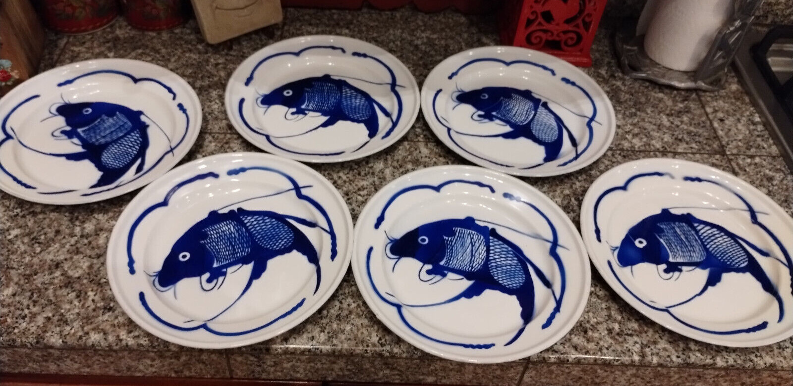 6 Vintage Metal Hand Painted Cobalt Enamelware Coi Fish Plates