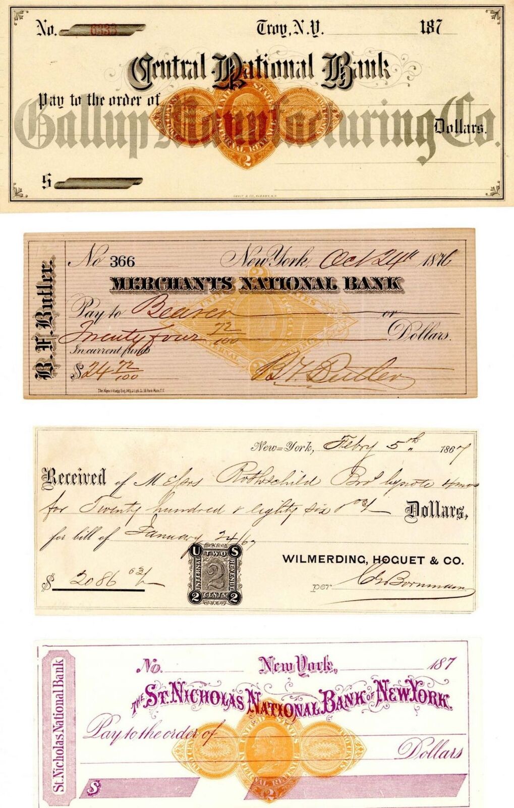 Group of 4 Different Checks with Revenues - Check - Checks with Revenue Stamps