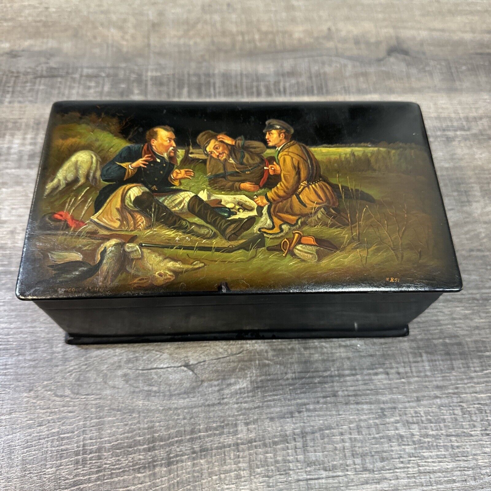 Hand Painted Soviet Fedoskino Paleo Lacquer Box 1941 Russian Art Signed Hunters