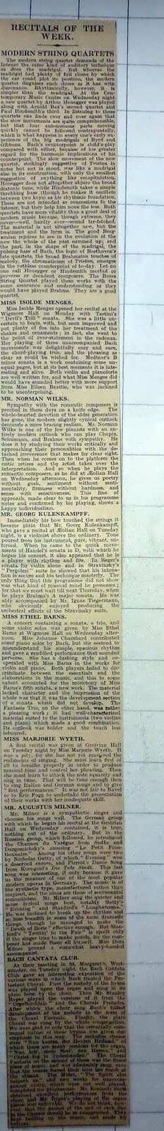 1927 Weeks Recitals, Isolde Menges, Ethel Barns, Mr Augustus Milner