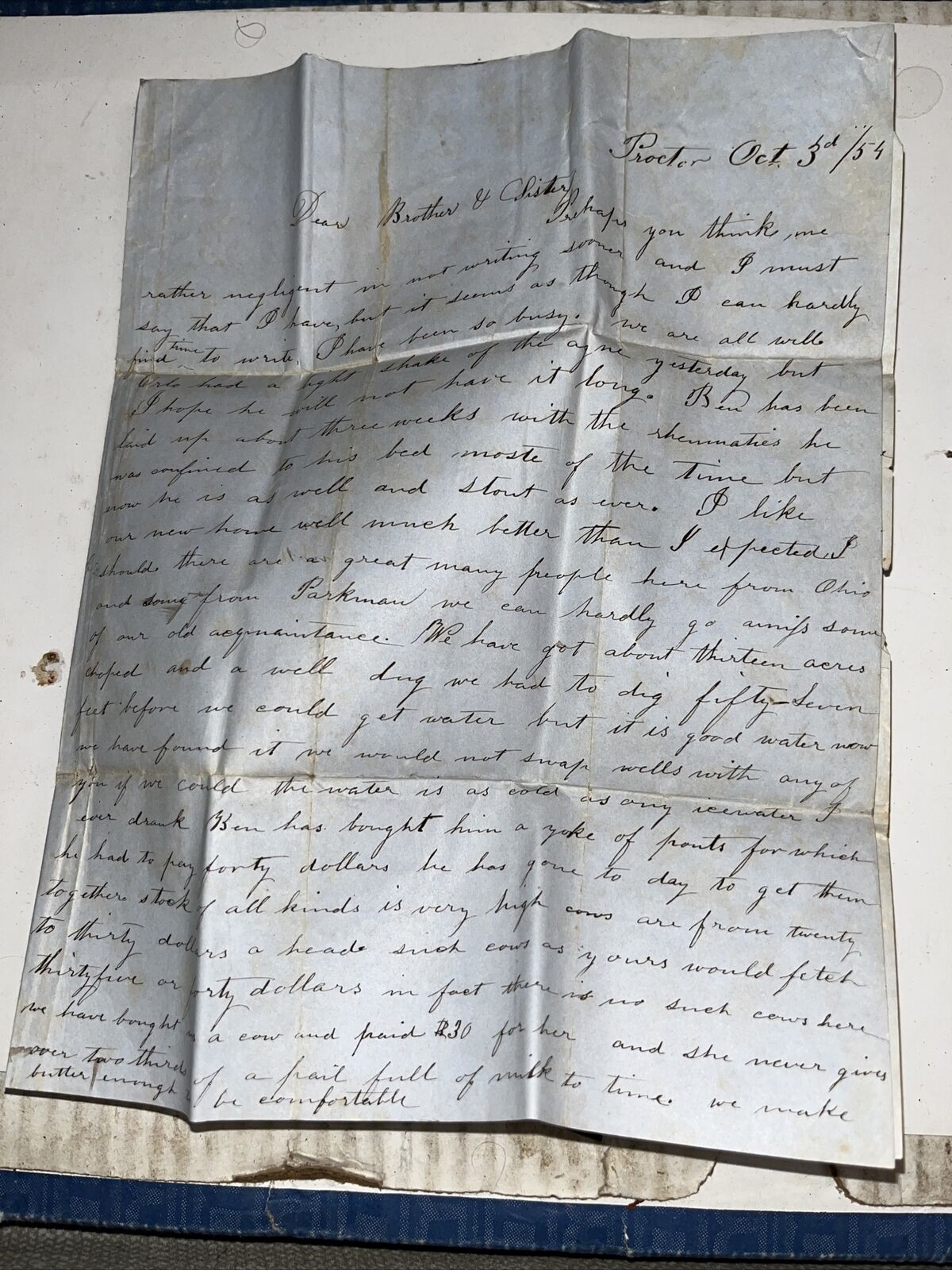 Antique 1854 Letter to Ashtabula County Ohio from Mentions Cholera in Detroit