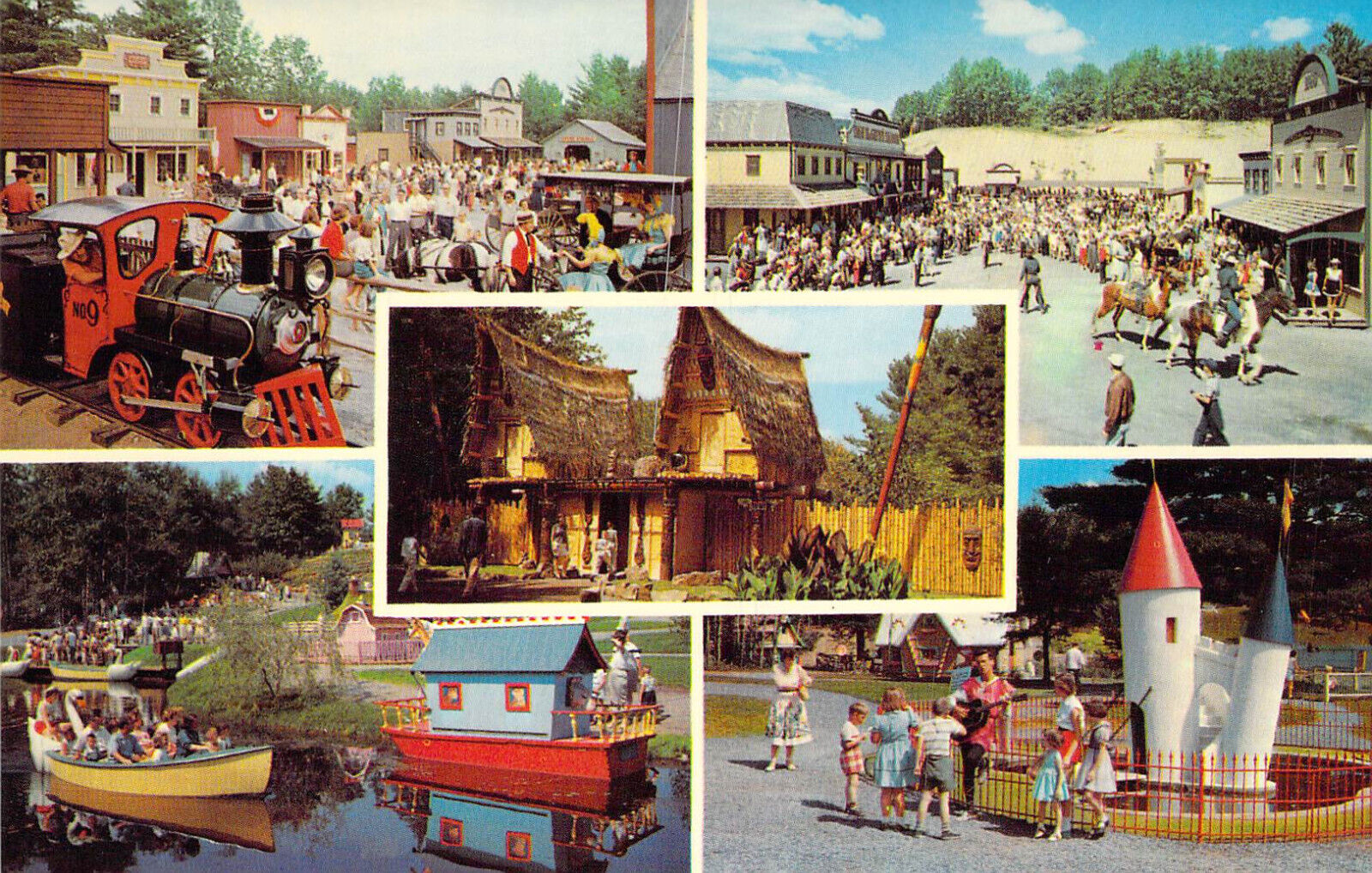 1961 NY Lake George Storytown 5 view & Jungle Land Train Boat postcard AM8