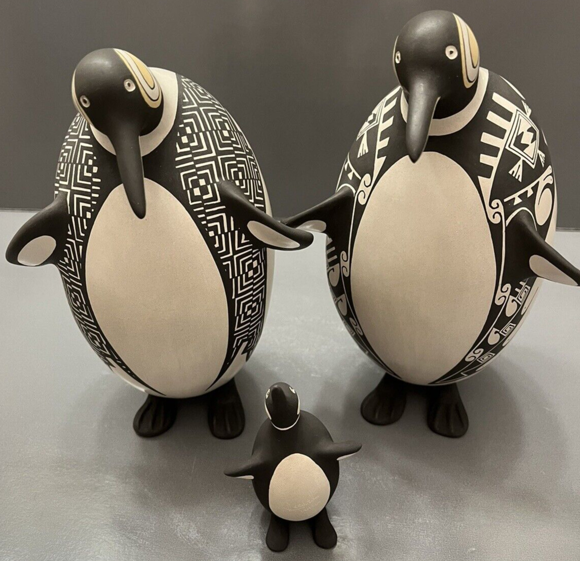 Mata Ortiz Pottery Penguin Family Effigy 3 PC Jerardo Tena Paquime Mexican Art