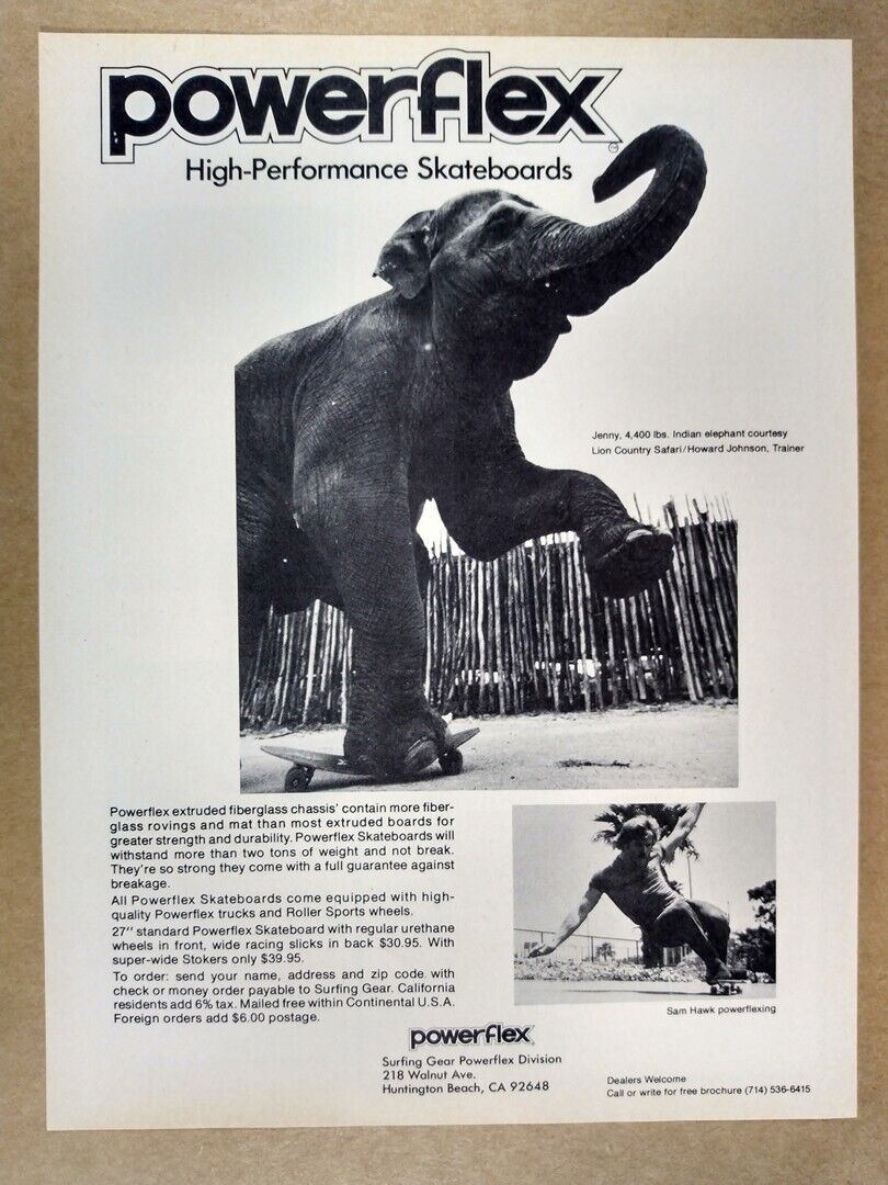 1975 Powerflex Skateboards Elephant & Sam Hawk photos vintage print Ad