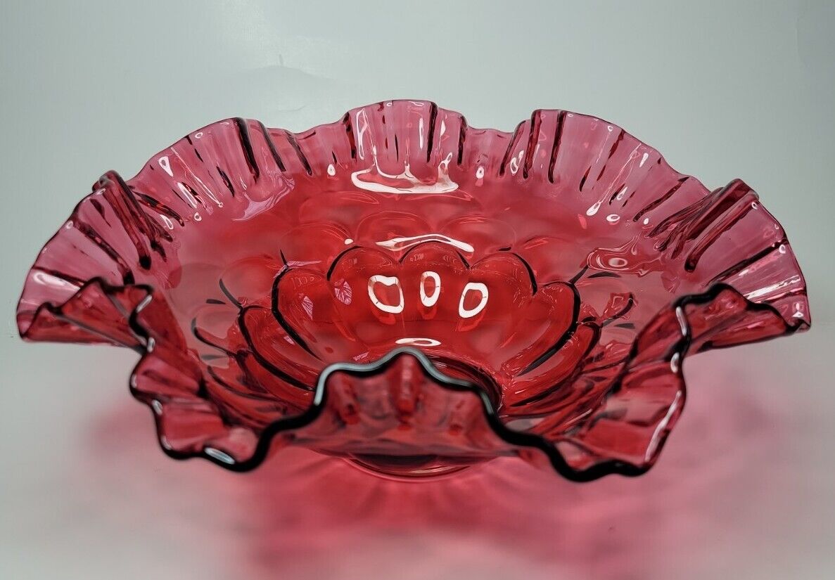 Vintage Fenton Cranberry Doublecrimp Ruffle Glass Dish Bowl Signed Flower Peddle