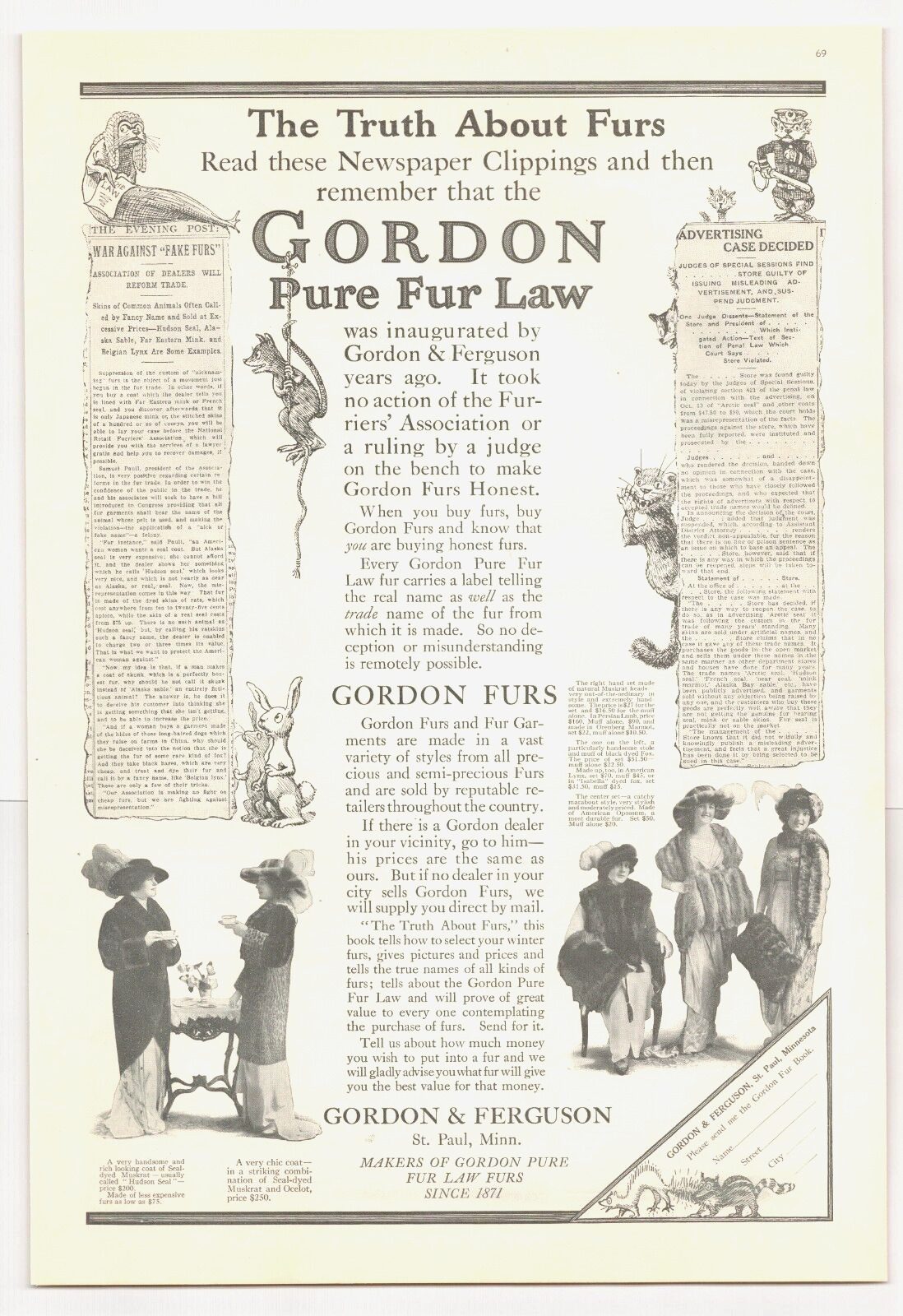 1913 GORDON FUR COATS antique PRINT AD ladies women stoles