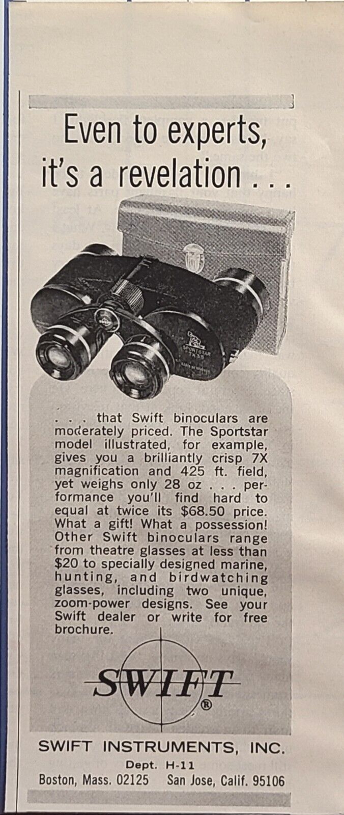 Swift Instruments Sportster Binoculars Hunting San Jose CA Vintage Print Ad 1965