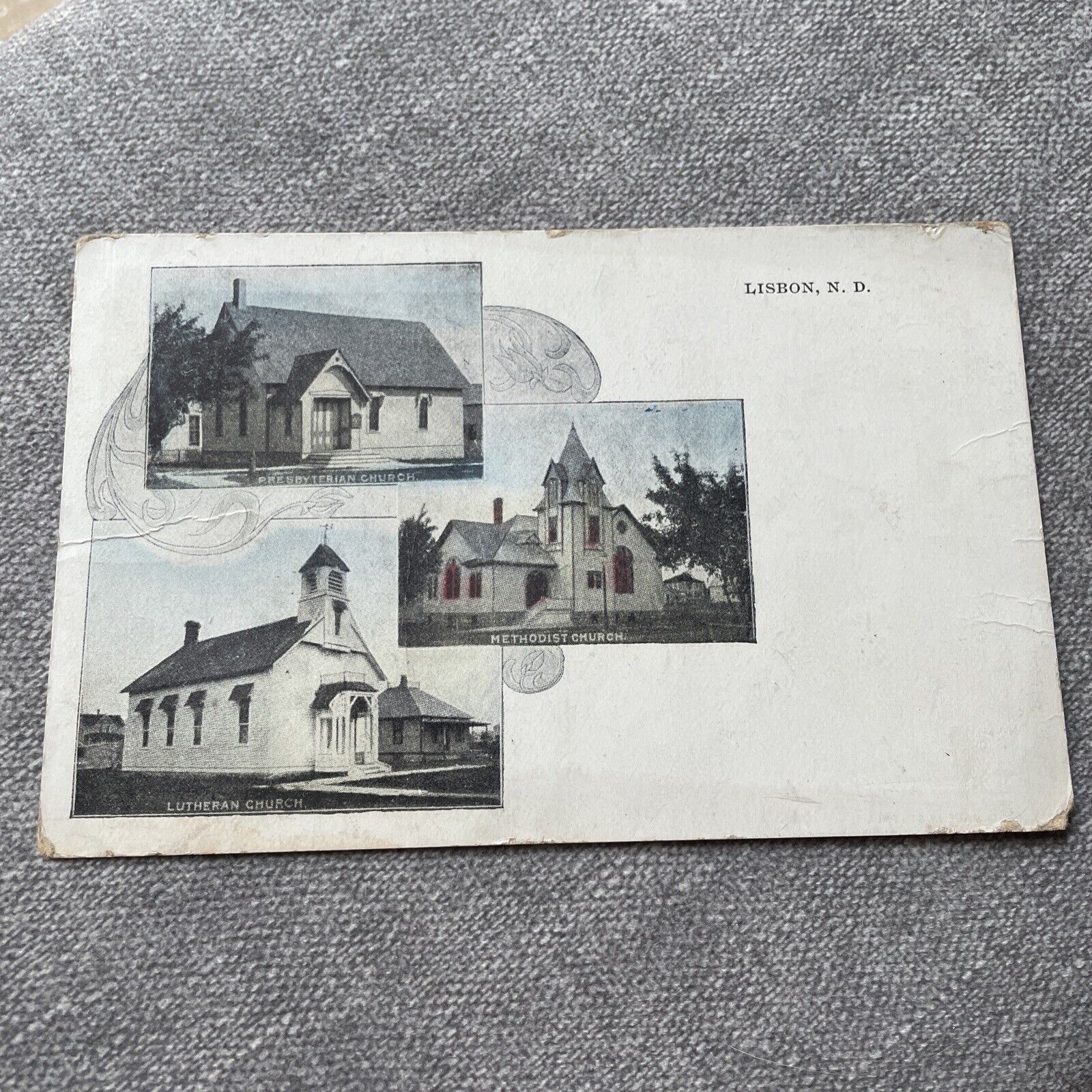Lisbon North Dakota Churches Multiview Vintage Postcard ND early 1900’s 1908 PM