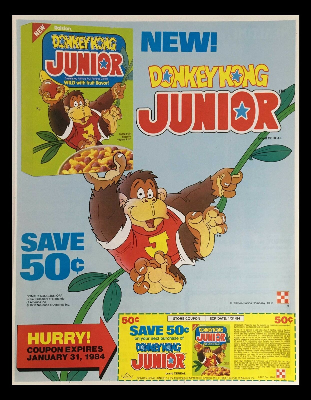 1983 Ralston Donkey Kong Junior Flavored Cereal Circular Coupon Advertisement