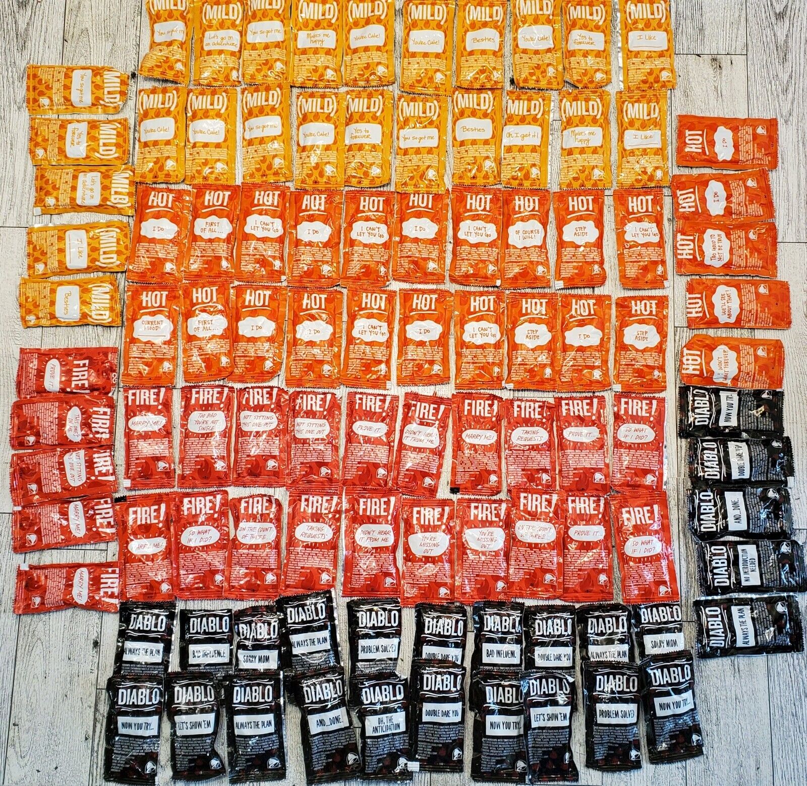 100 Taco Bell Sauce Packets Variety 25 of Each Mild, Hot, Fire & Diablo New