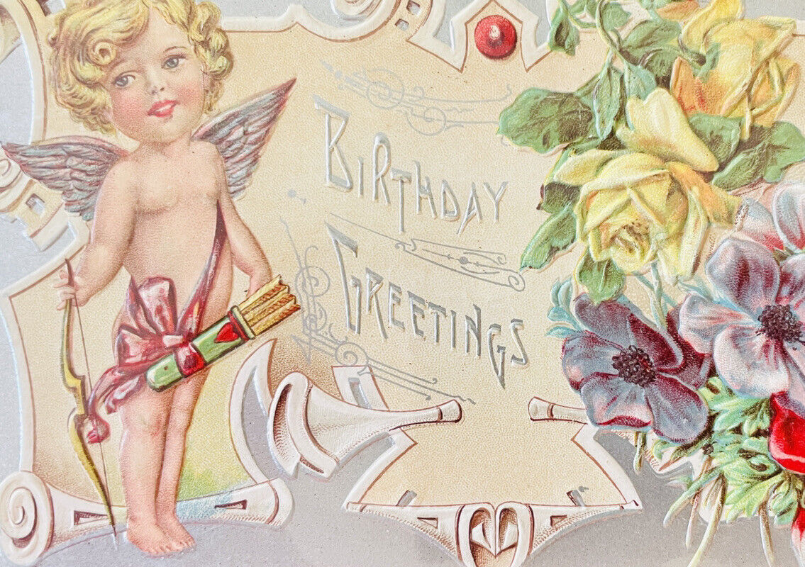 Antique 1900s (1909) Postcard Cupid Angel Hearts Flowers Embossed Raised 