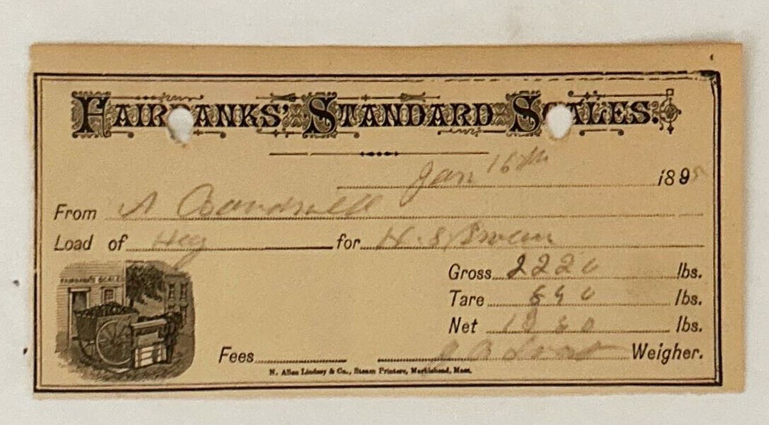 1895 Antique Illustrated Fairbanks Standard Scales Receipt 5x2.5 inches