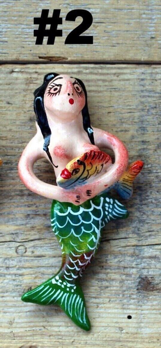 #2 Mermaid Holding Fish Green Tail Clay Ornaments Handmade Mexican Folk Art