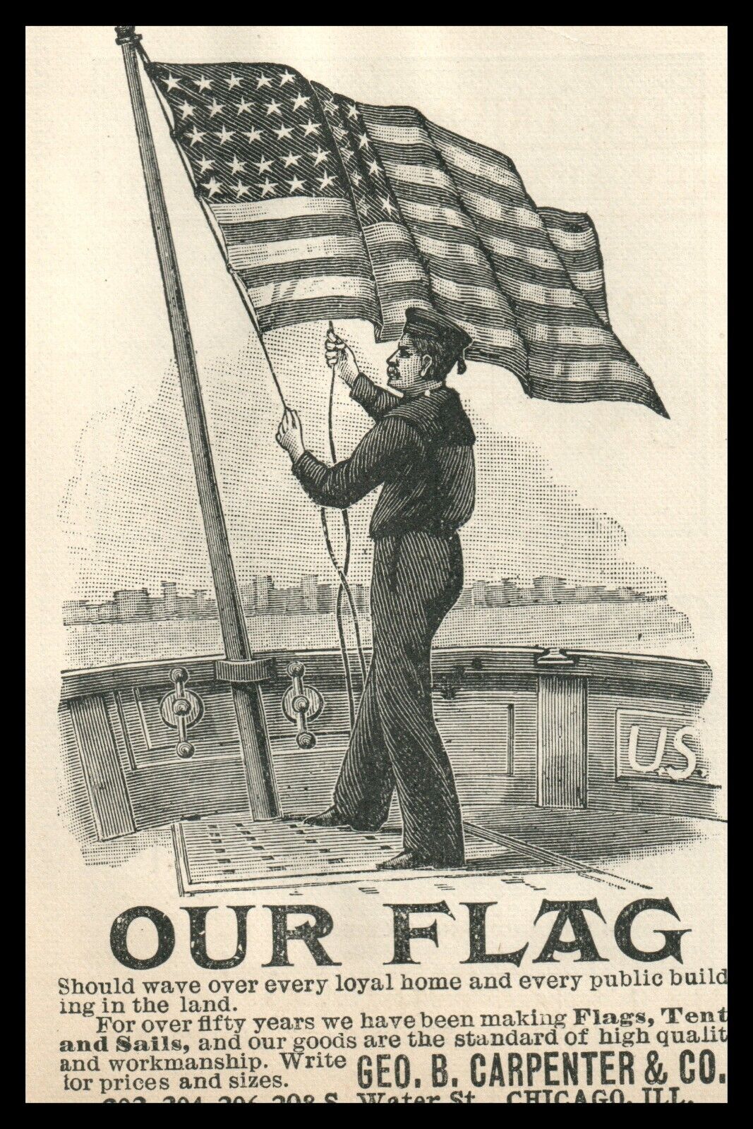 1896 U.S. American Flag Star Stripe Soldier Raising Flag Aboard Naval Ship 8857