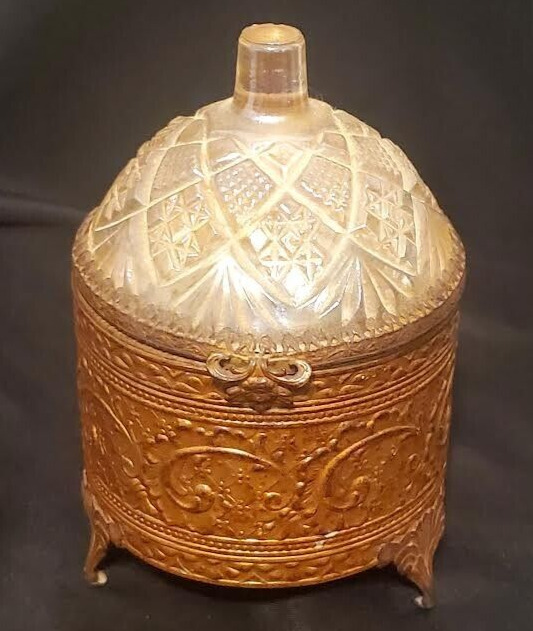 Rare Antique Ornate Vanity Box Jar Copper & Glass Very Detailed