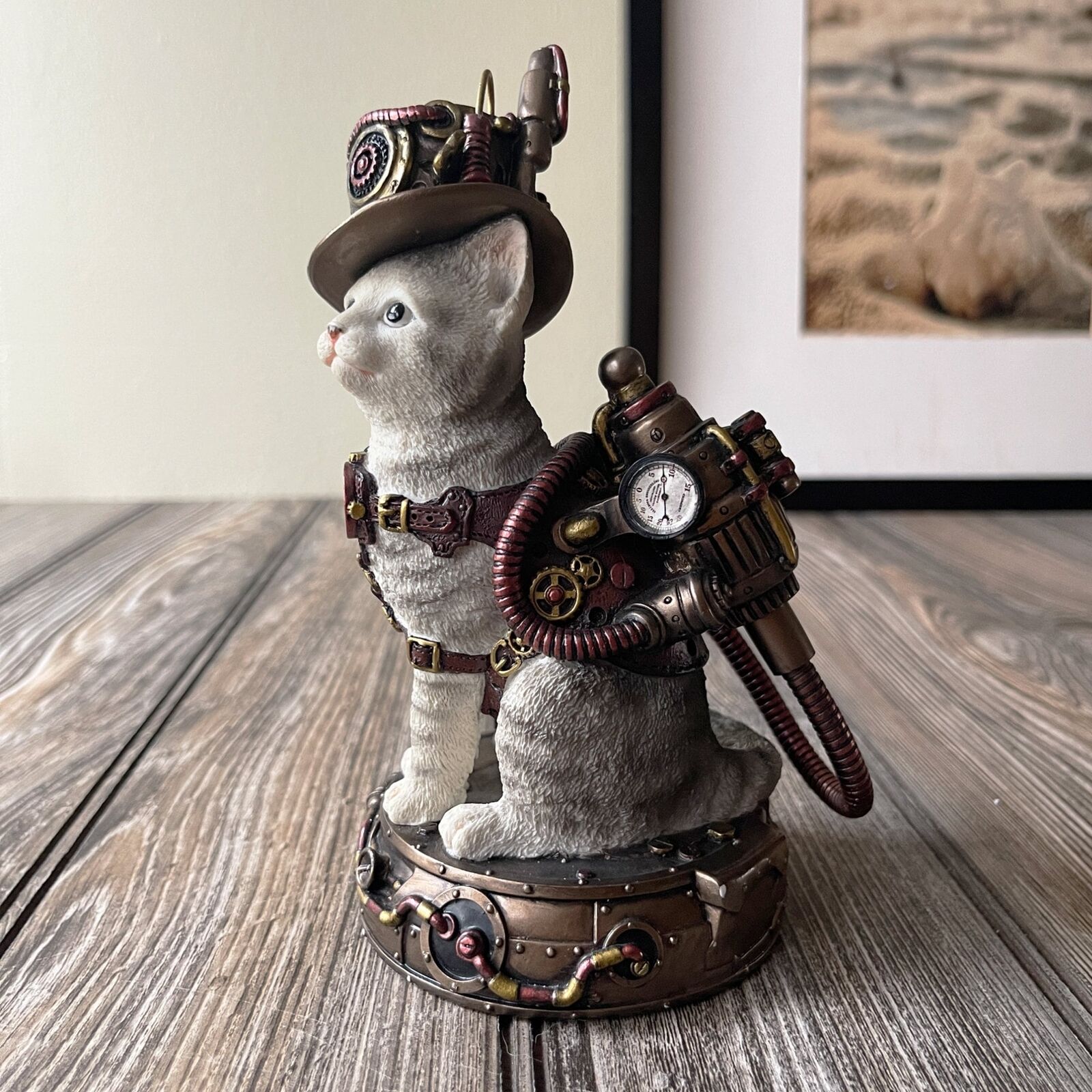 Handmade Steampunk Explorer Cat Figurine Statue with Top Hat and Compass