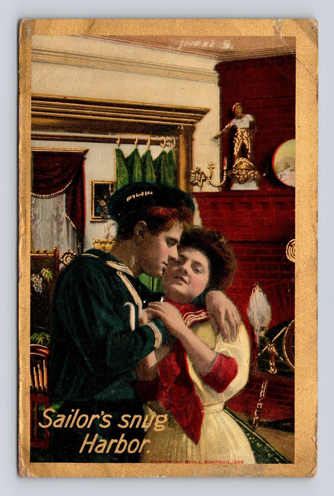 Antique Romance Postcard Woman hugging Man Sailor Uniform 1908 Dance Snug Harbor