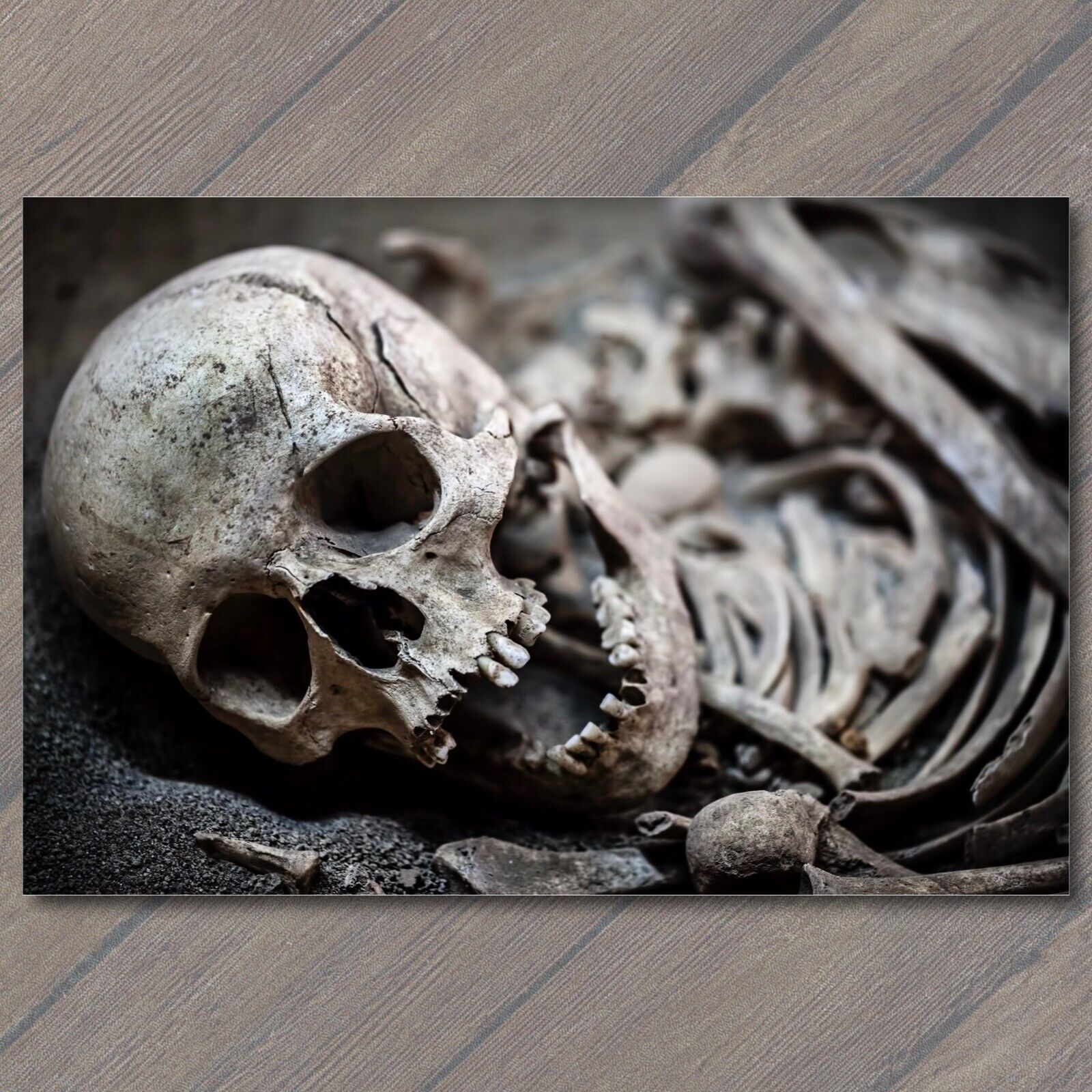 Postcard Eerie skeleton and skull, an unsettling visual journey into the macabre