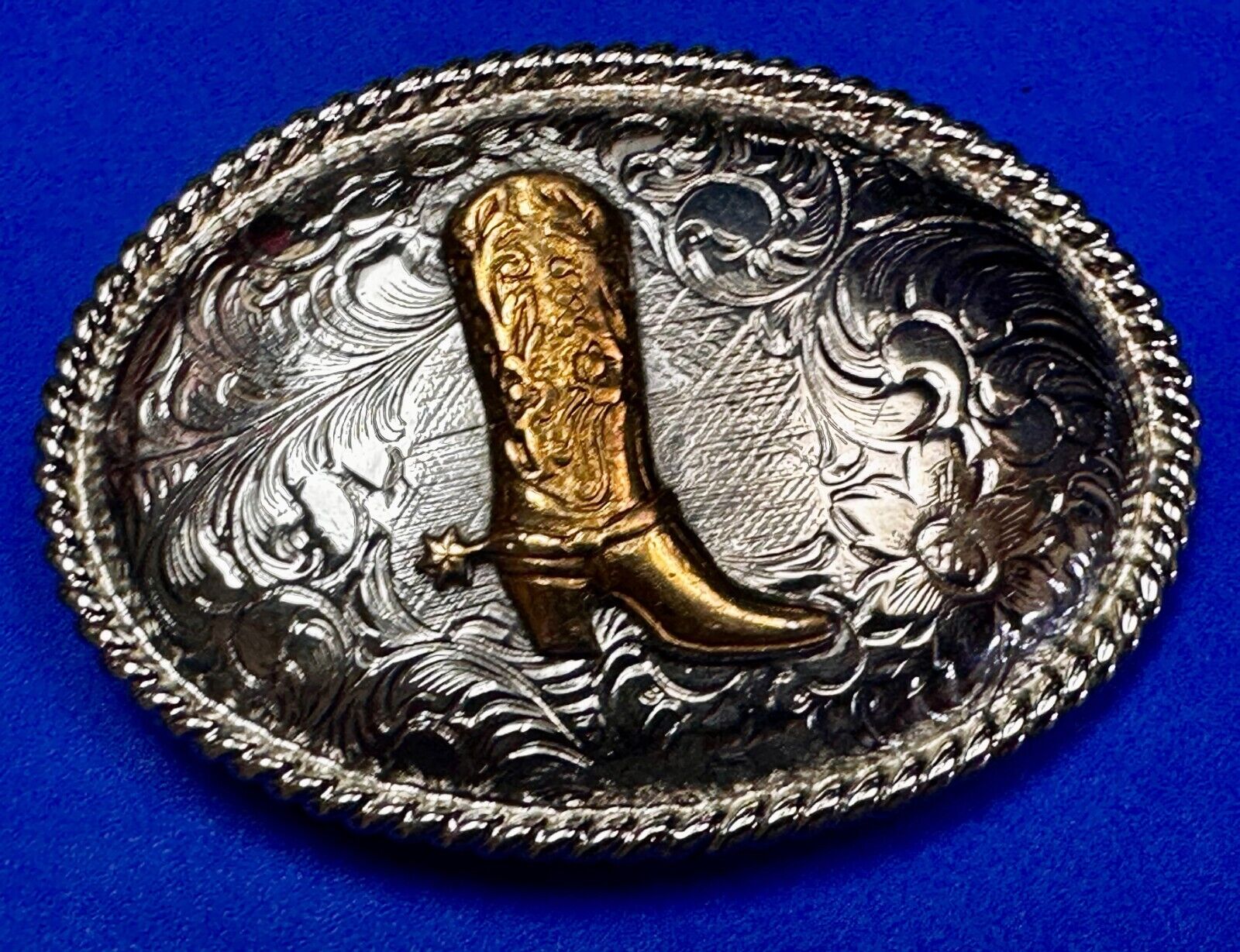 Cowboy Cowgirl Boots - Vintage Western Two Toned Belt Buckle - Alpaca Mexico