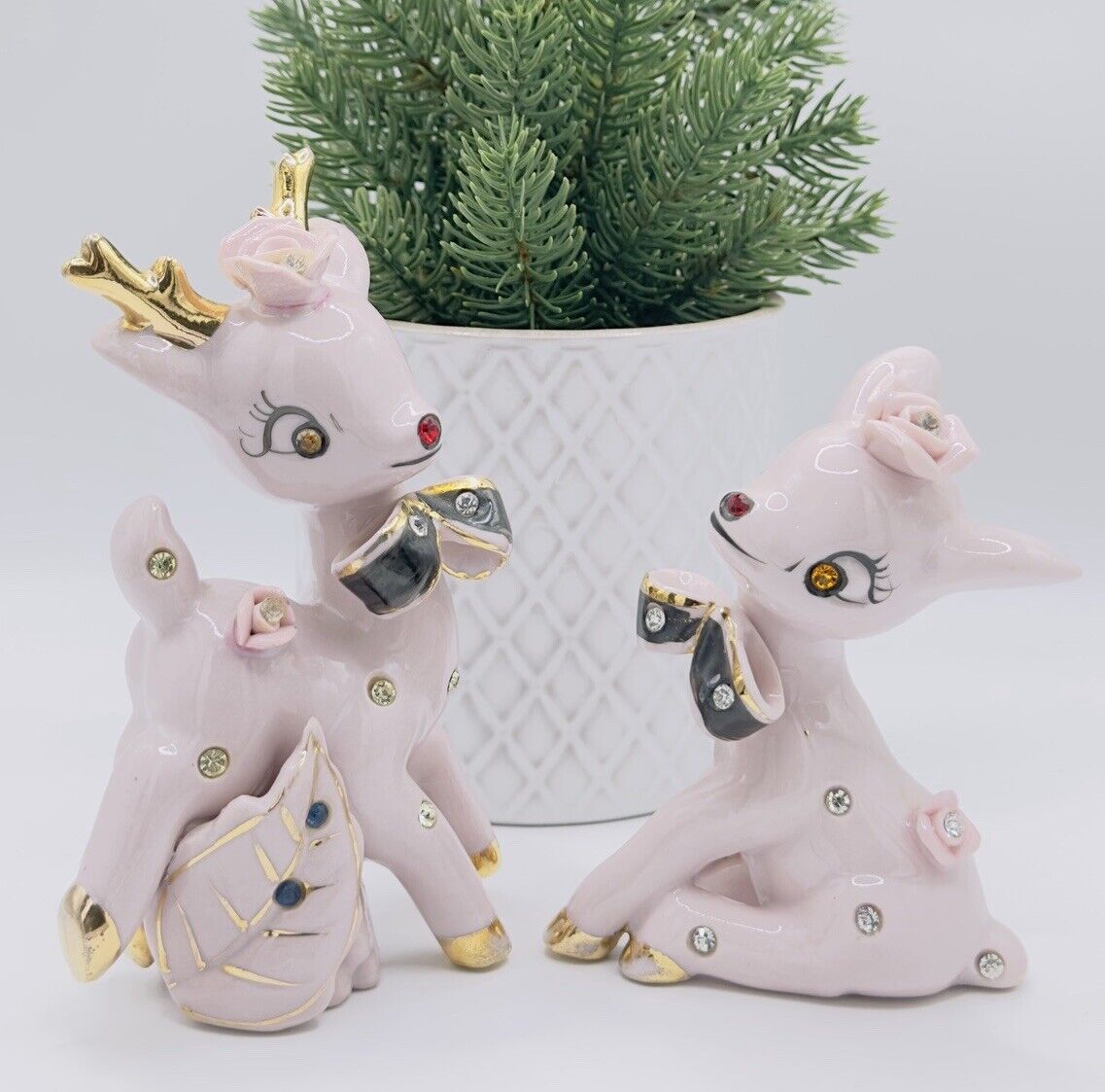 1950s Midcentury Porcelain Japan Pink Reindeer w/ Rhinestones: Kitsch/Retro