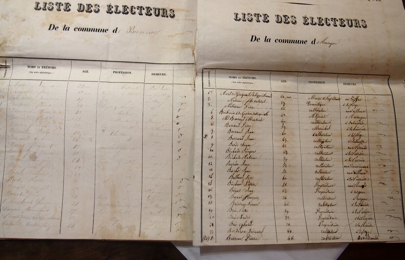 ELECTION OF 1848 list of common electors of BUNZAC and RANCOGNE charente