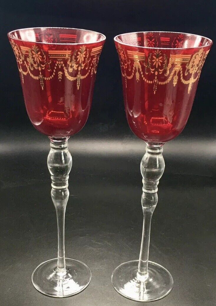 2Pc VTG Ruby Red & Ornate Gold Accent Boho 11” Tall Stemmed Crystal Wine Glasses
