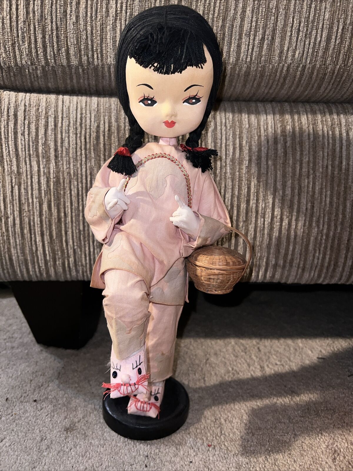 Vintage Rare Ada Lum Asian Pink Pajamas Cat Slippers Doll
