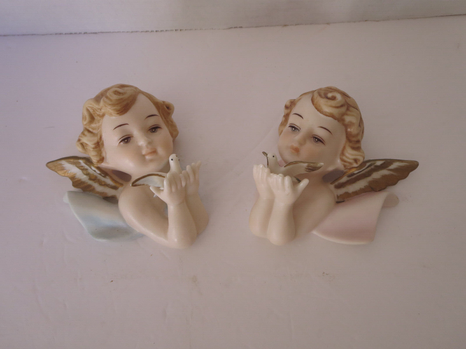 2 Vintage Angel Cherub Wall Hangings With Doves Hand Painted Bradley Exclusives