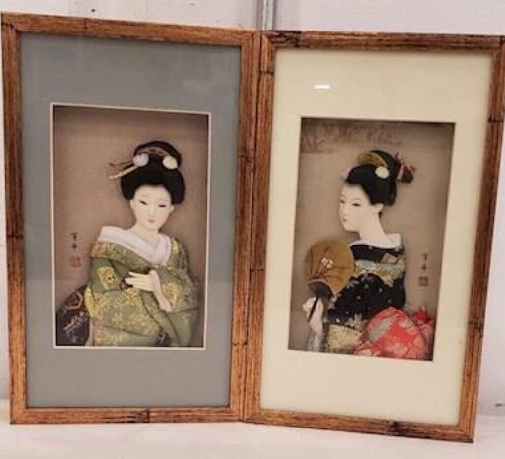 Rare Pair Of Framed Japanese  3D Porcelain  Geisha Doll Shadow Box Wall Art