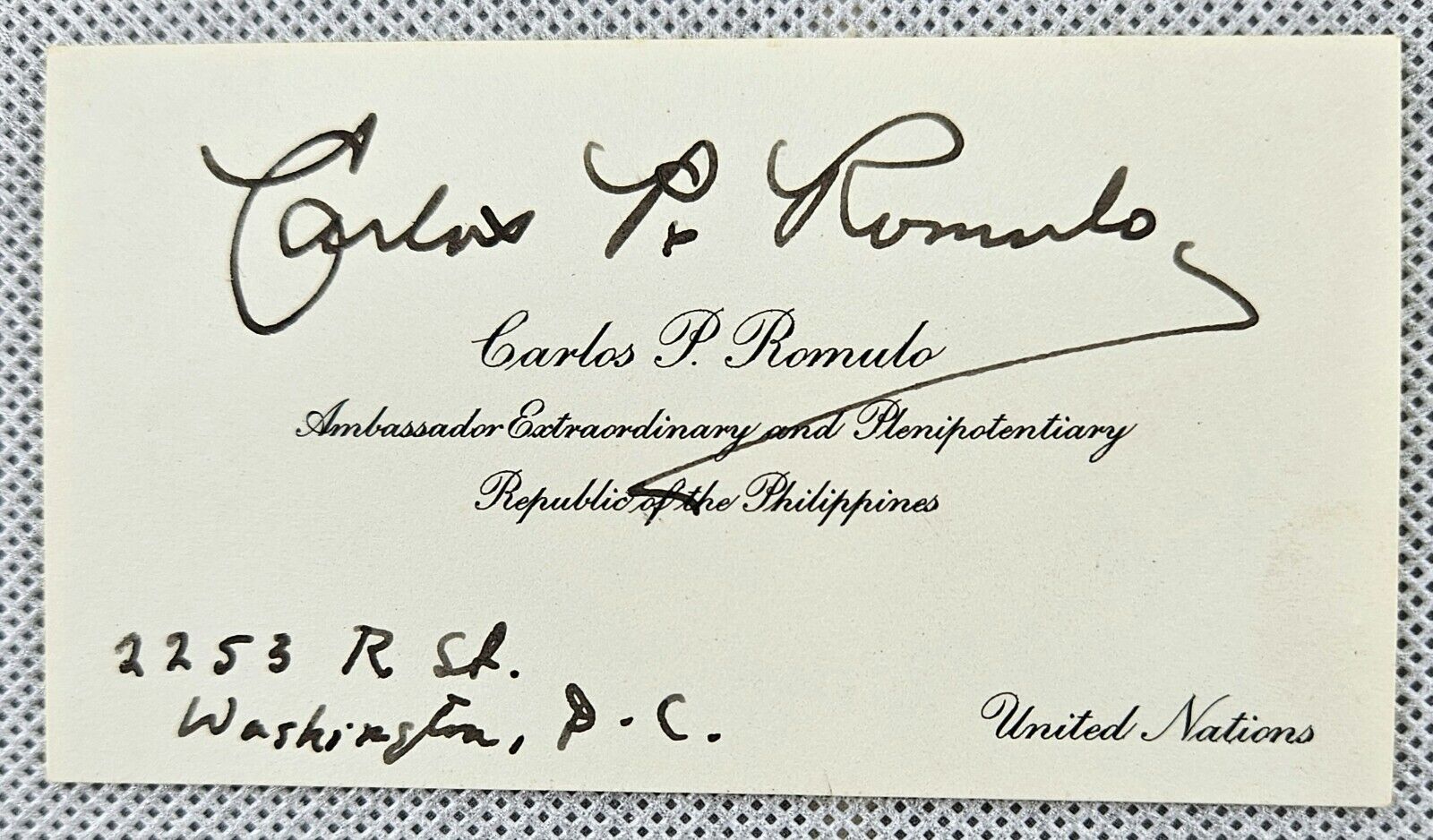 Philippine Diplomat, Soldier,  Author Carlos P. Romulo Hand Signed Business Card