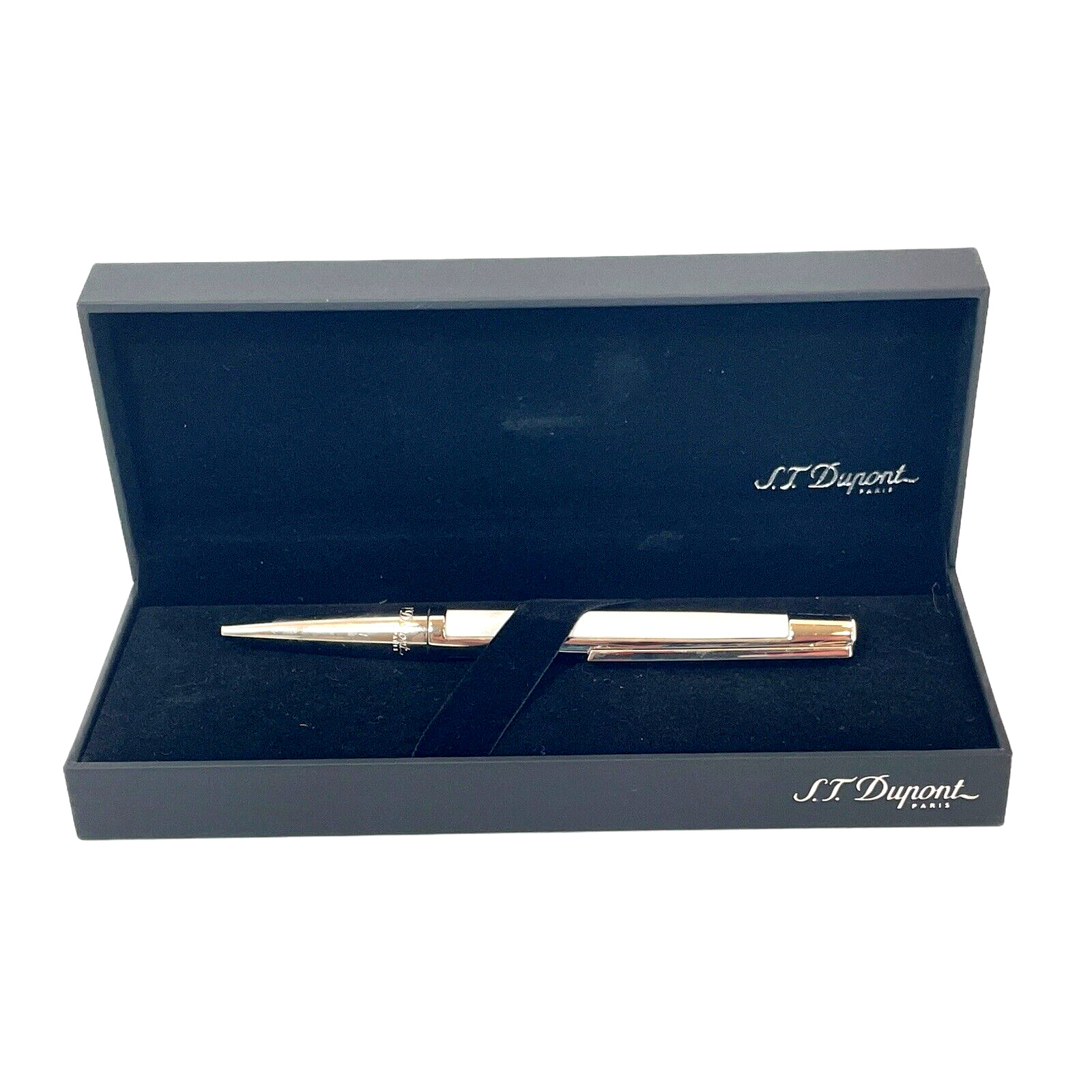 Vintage S.T.Dupont D-Line White Silver Ballpoint Pen In Box