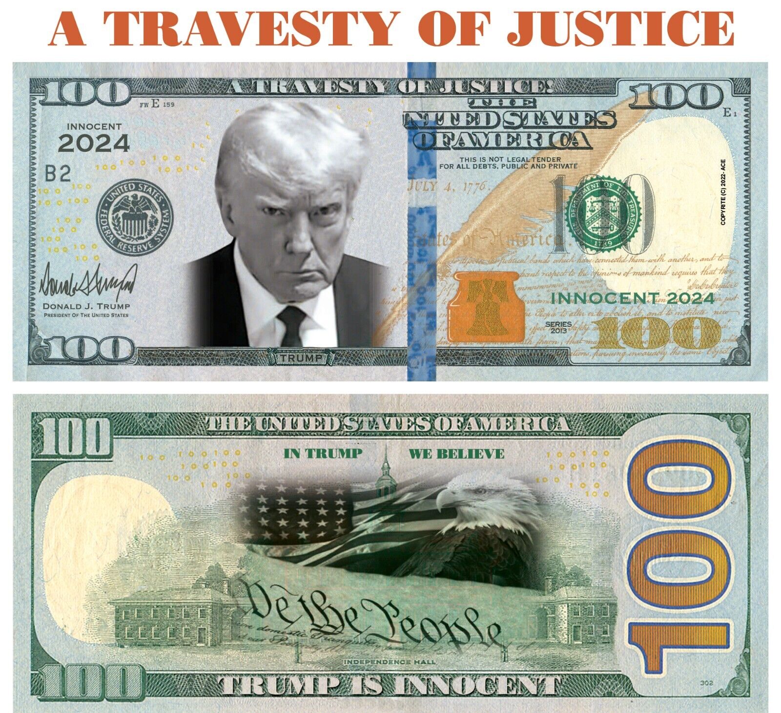 50 pack Trump INNOCENT A Travesty Of Justice  Dollar Bills Funny Money Maga