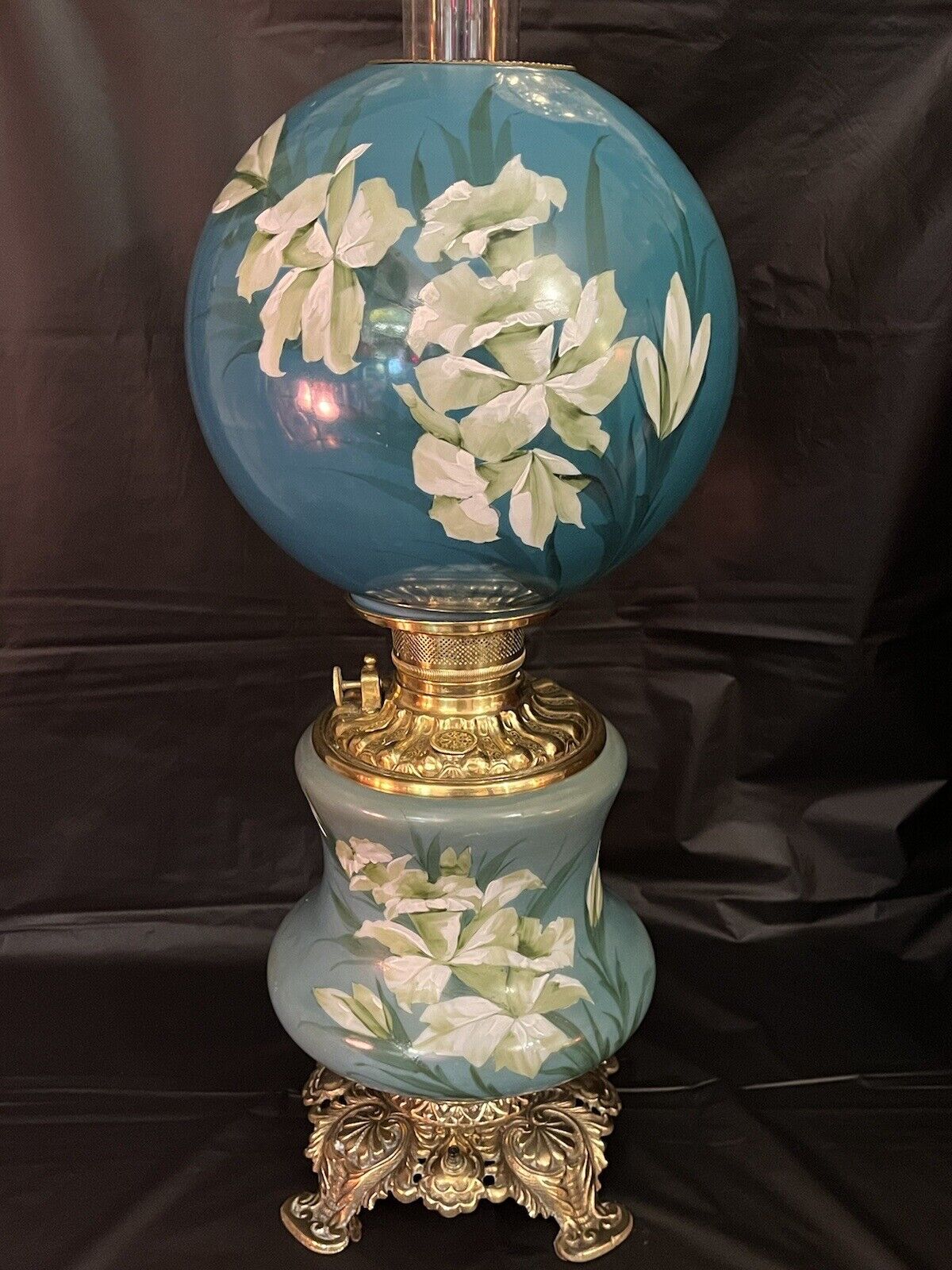 Antique Victorian Unusual Polished Electrified Floral Lily Oil Parlor GWTW Lamp
