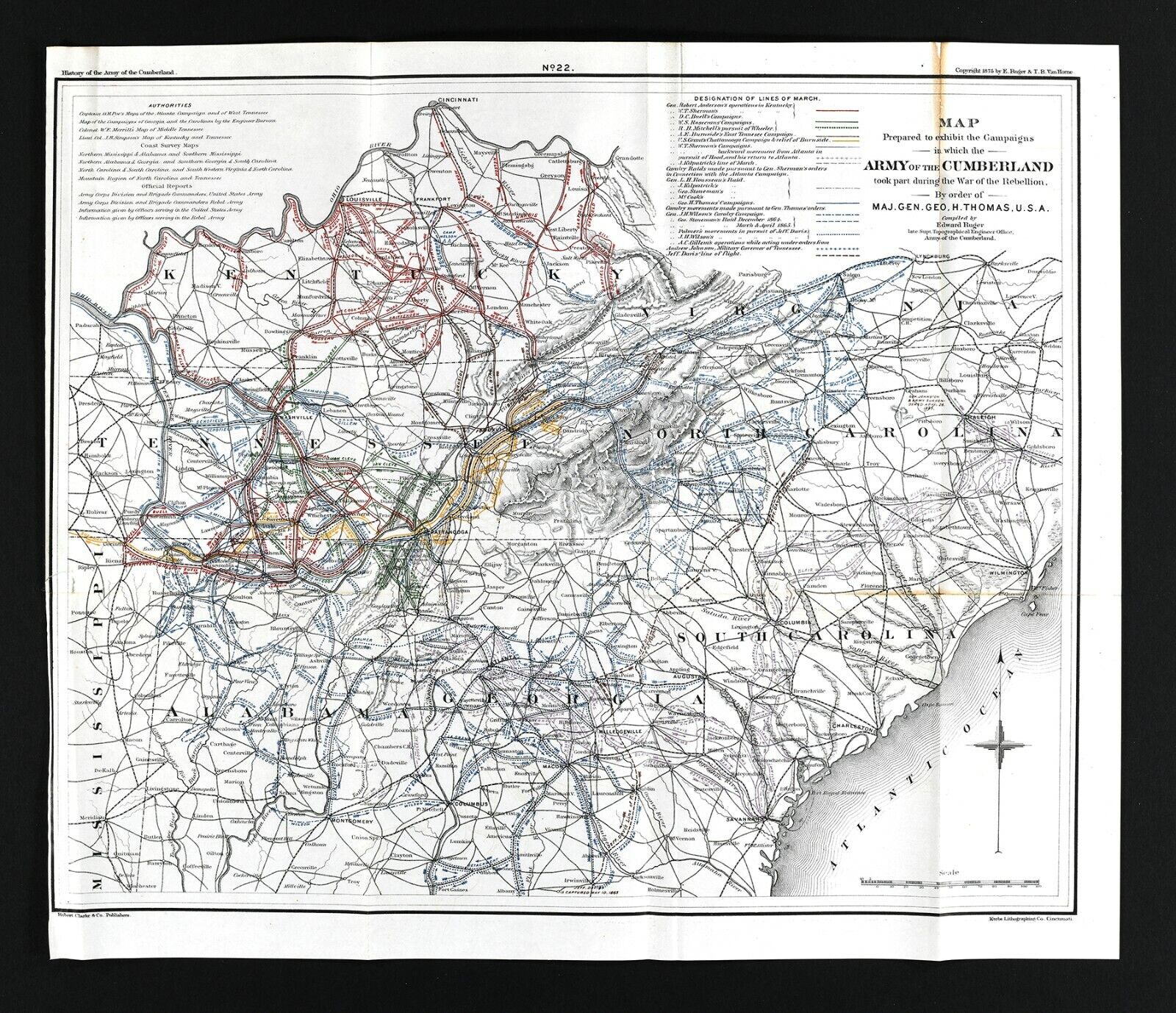 1875 Ruger Civil War Map Cumberland Army Nashville Tennessee Atlanta Georgia 