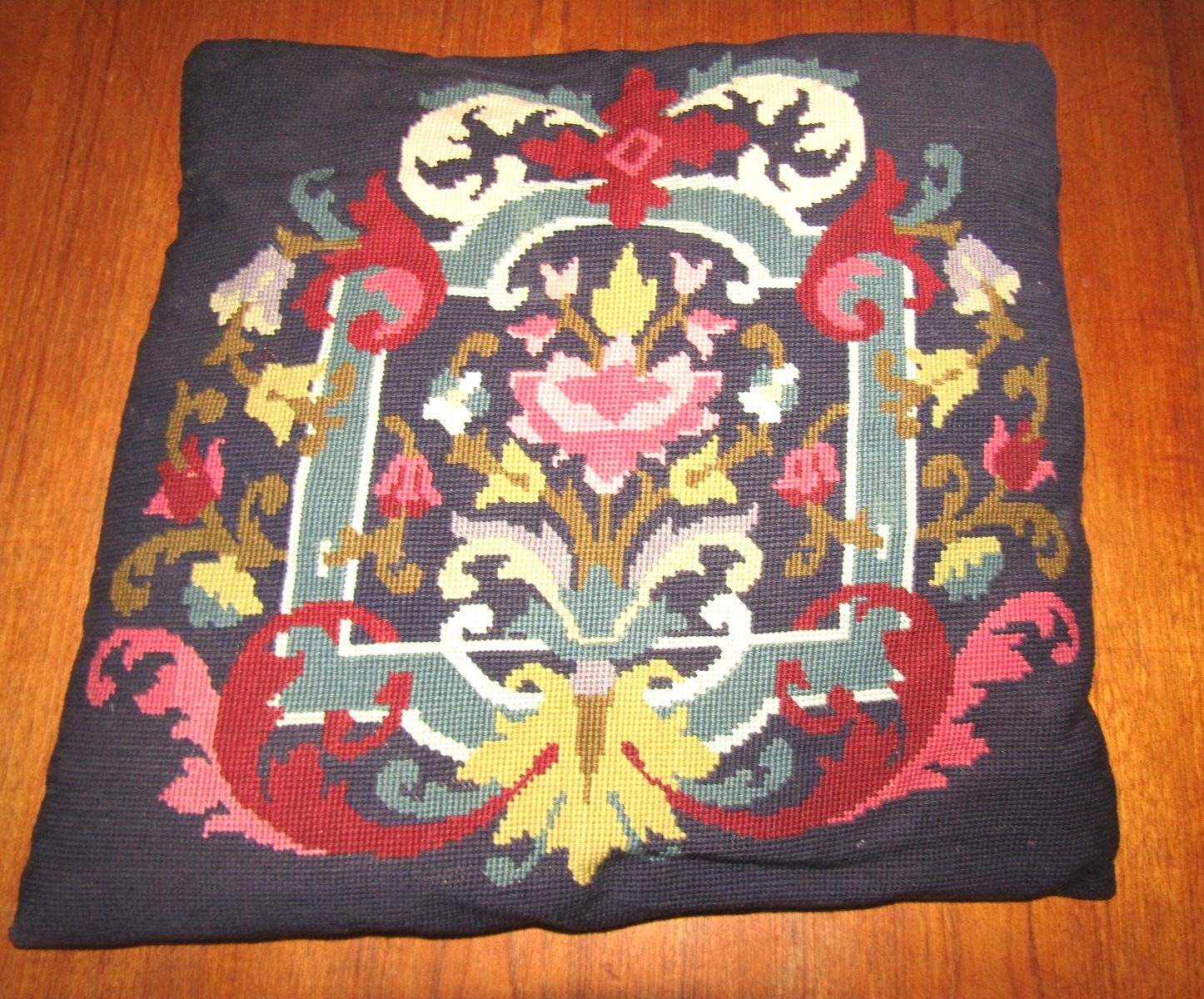 Vintage Handmade Navy Blue Floral/Scrolls Needlepoint Tapestry Pillow 17x19x3 H