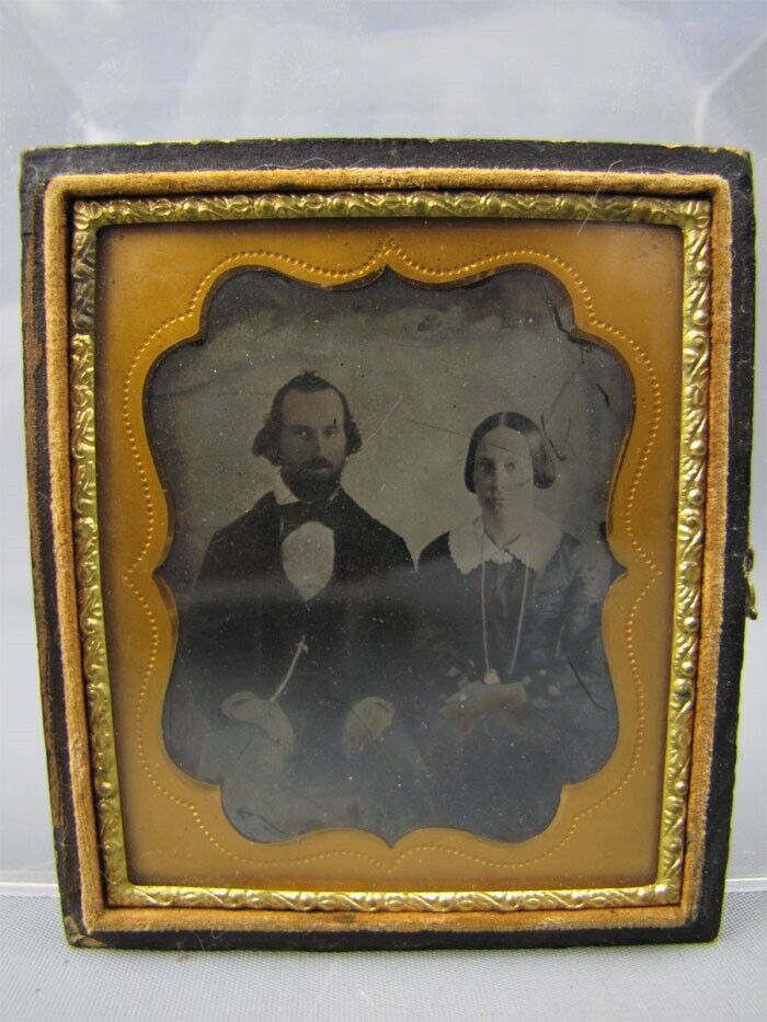 Antique 1/6th Plate Tinted Ambrotype Photo Man & Wife Sit Together w/ Half Case