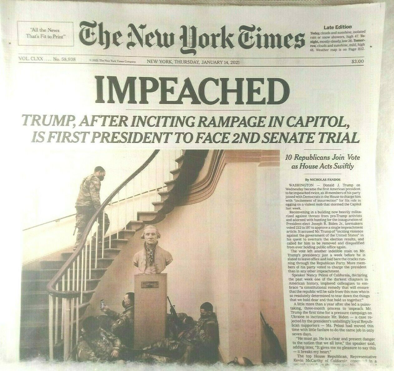The New York Times NYT Newspaper Donald Trump Impeached January 14th 2021 - 1/14