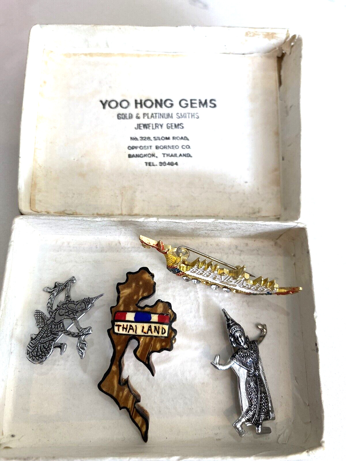 Vintage Thailand Siam Pins (4)  dragon ship, Siam dancers , wooden map pin