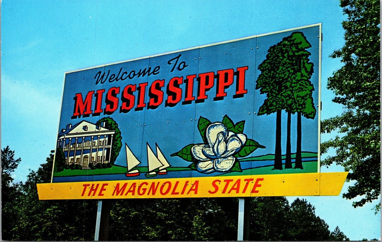Postcard MS Welcome to Mississippi Sign Magnolia Scenic Colorful State Travel C8