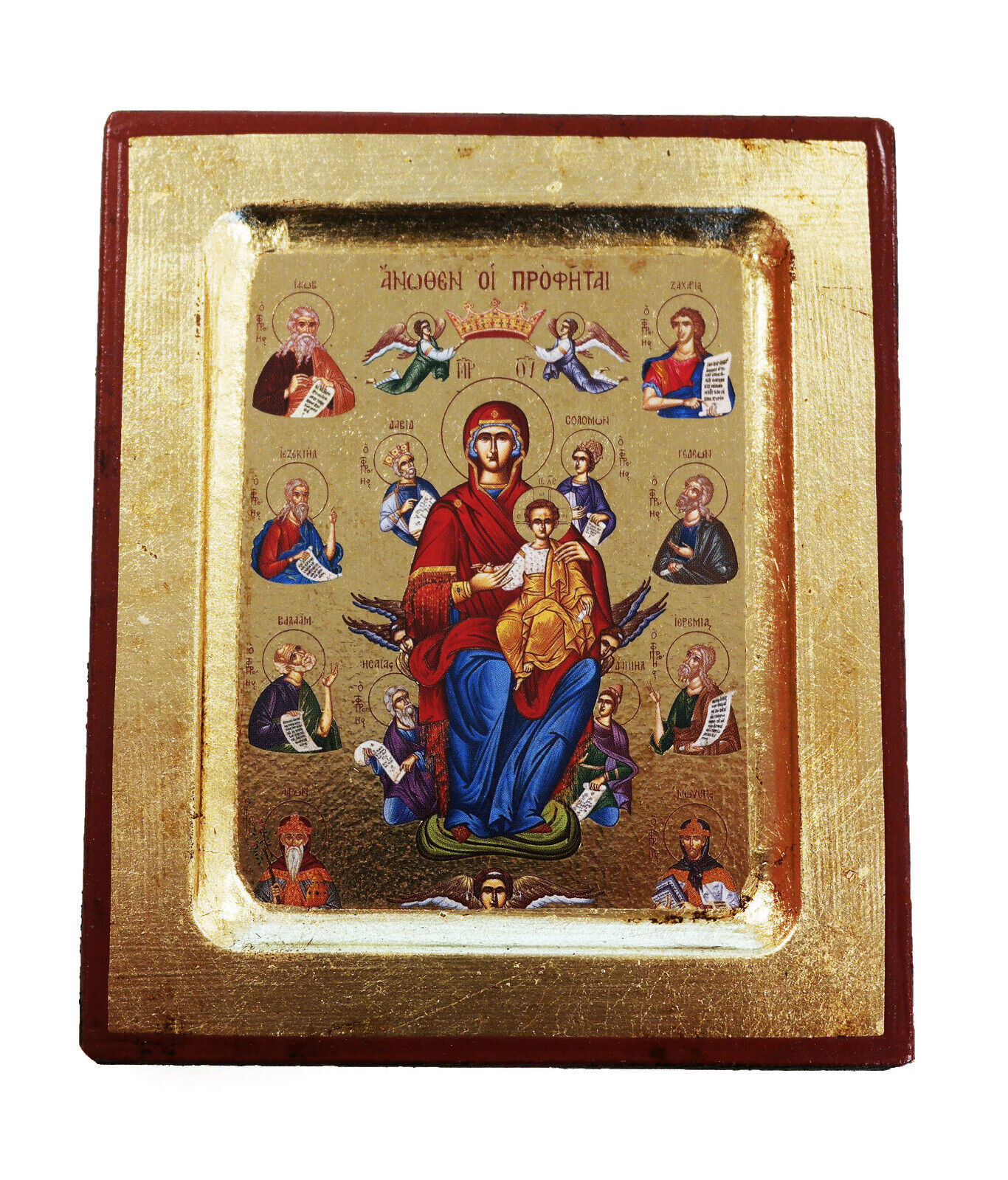 Greek Russian Orthodox Handmade Wood Icon Mother of God with Prophets 12.5x10cm