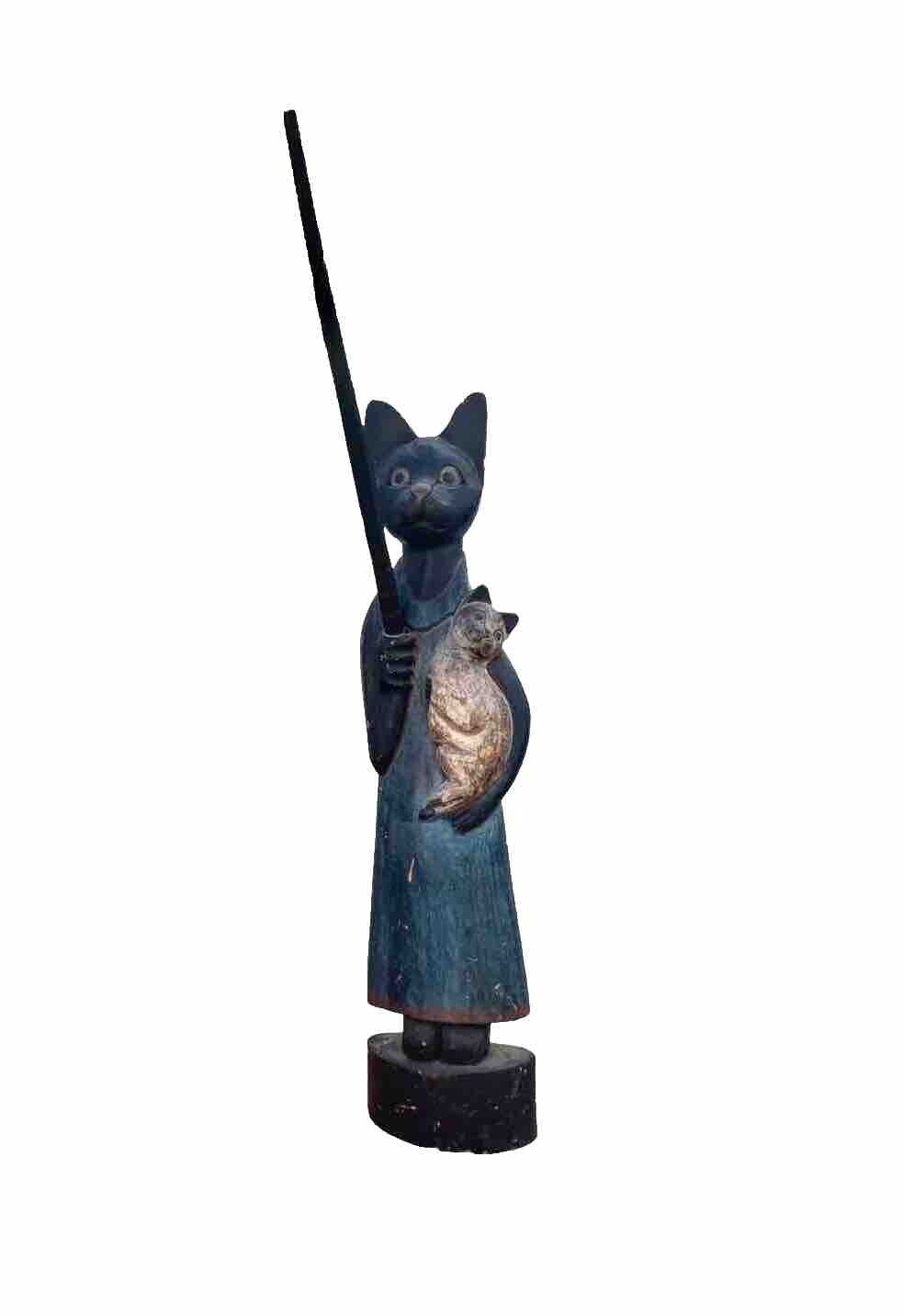 Cat Statue Holding Kitten and Pole Large Carved Wooden Vintage Folk Art Decor