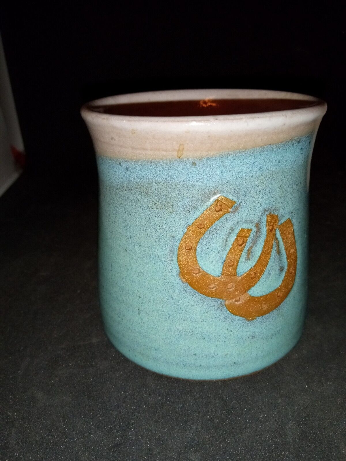 Vintage Red Clay Mug With Horse Shoes