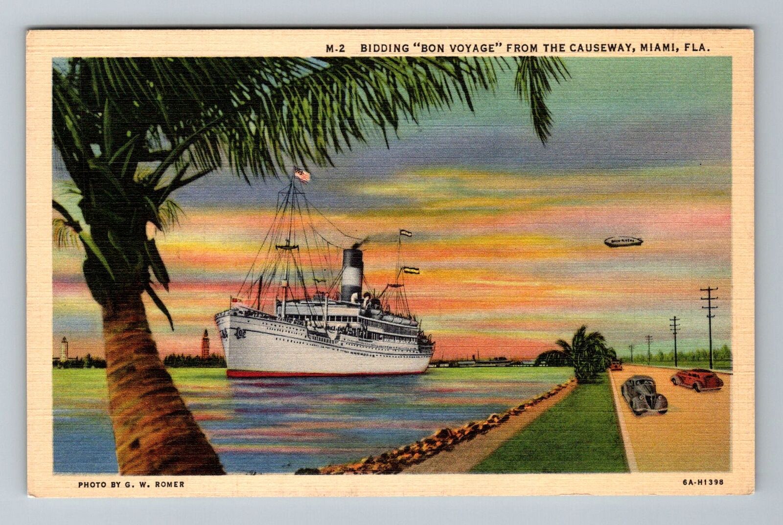 Miami FL-Florida Departing Cruise Ship Flying Blimp Period Cars Vintage Postcard