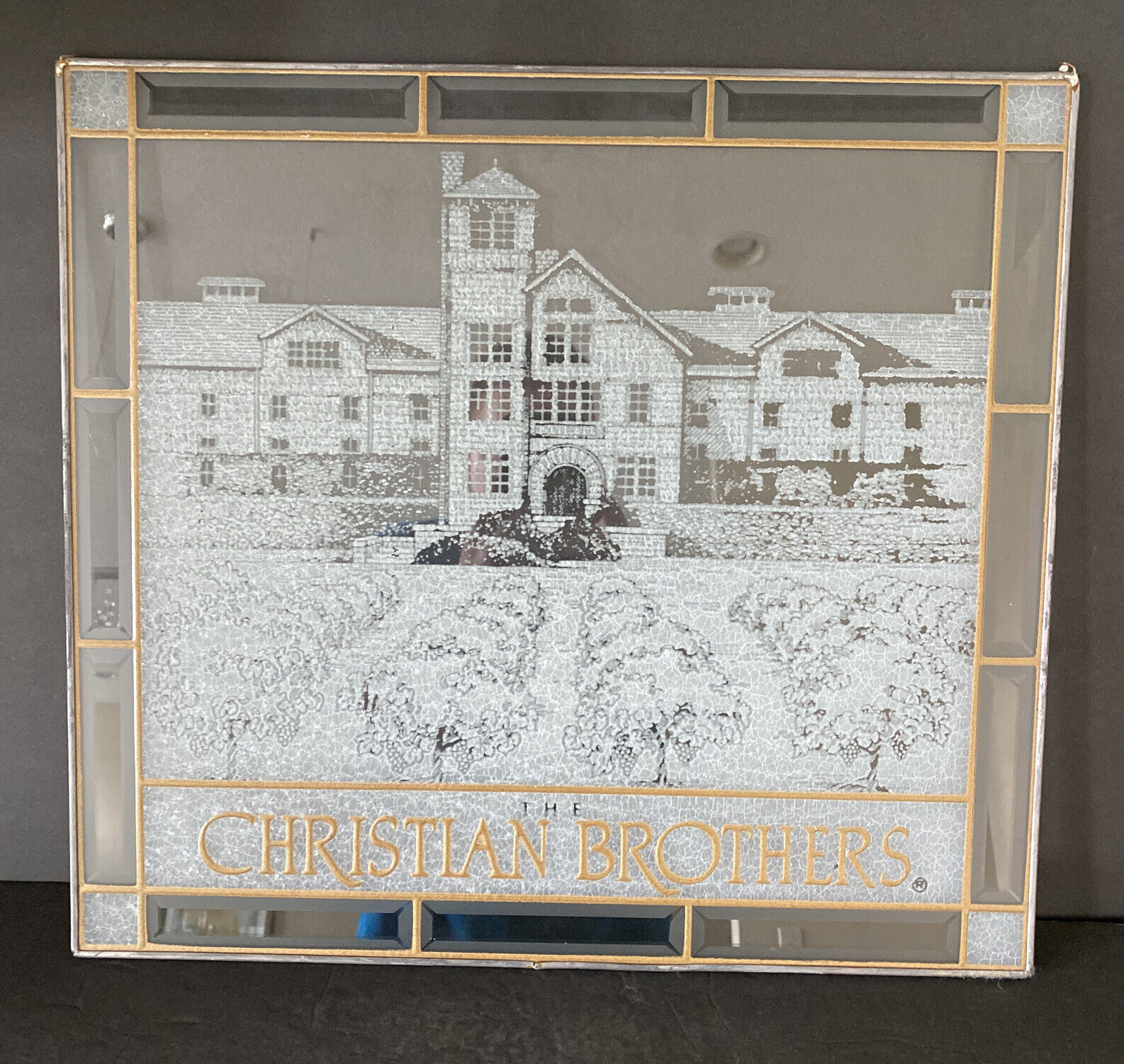 Christian Brothers Brandy White Etched Glass Bar Sign Steel Frame 18” X 16” Rare