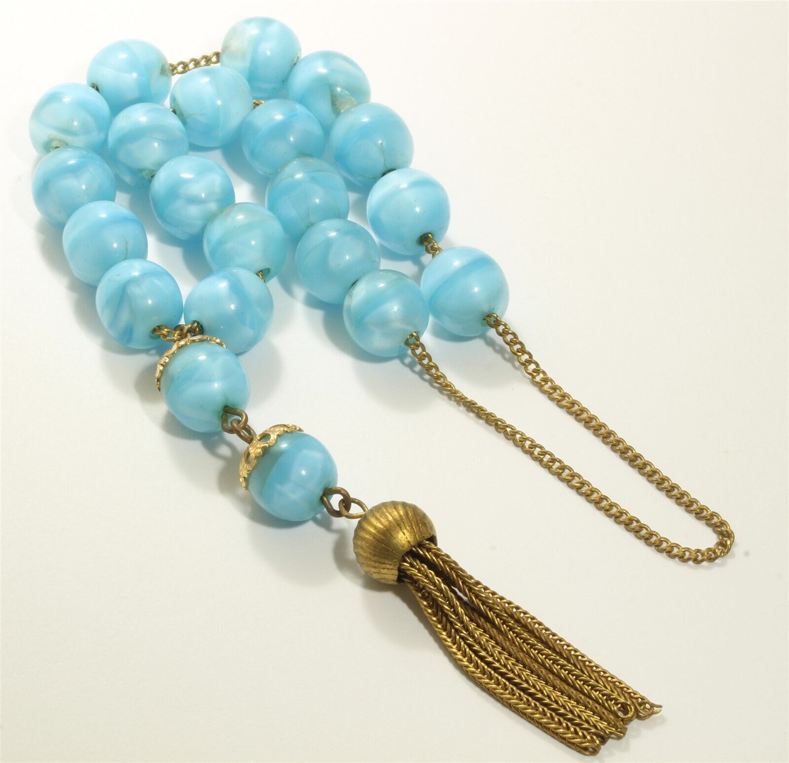 Vintage Art Deco Czech Blue Glass Moonstone Worry Beads Tassel Bracelet 11\