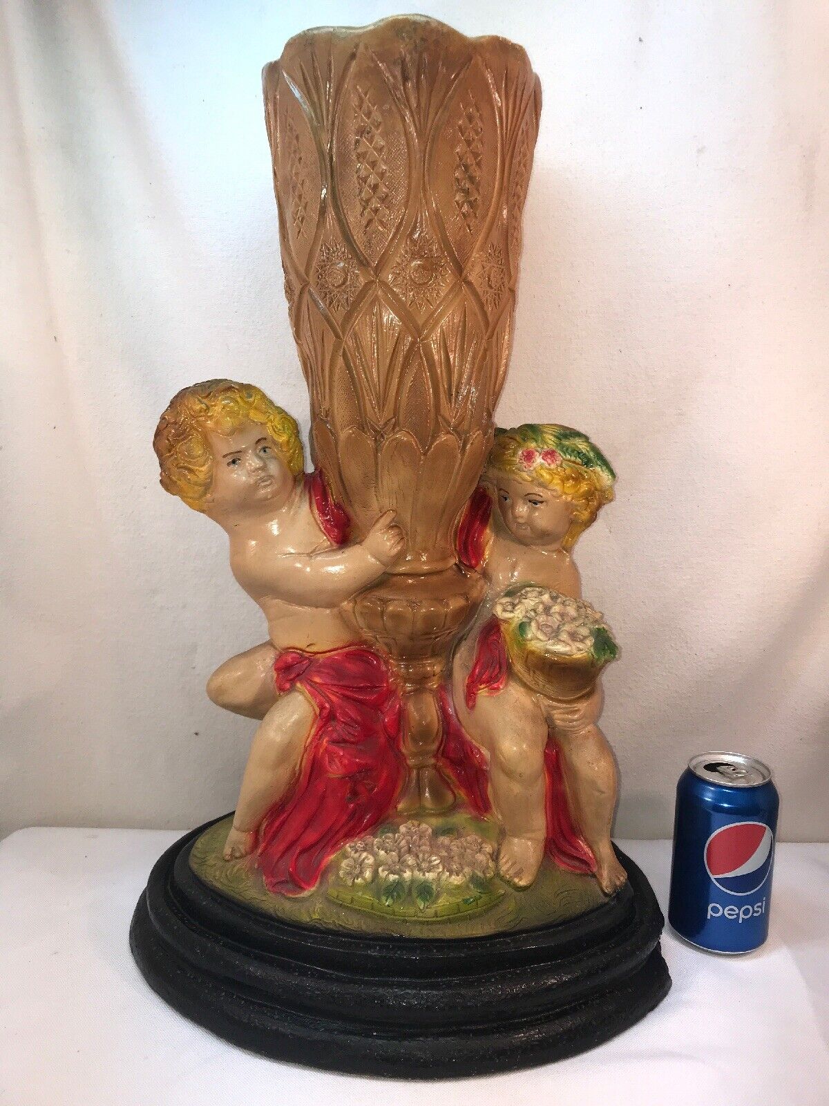 Vtg 1930-40’s RARE Chalkware LARGE Vase Boy Girl Children Cherub Carnival Prize?