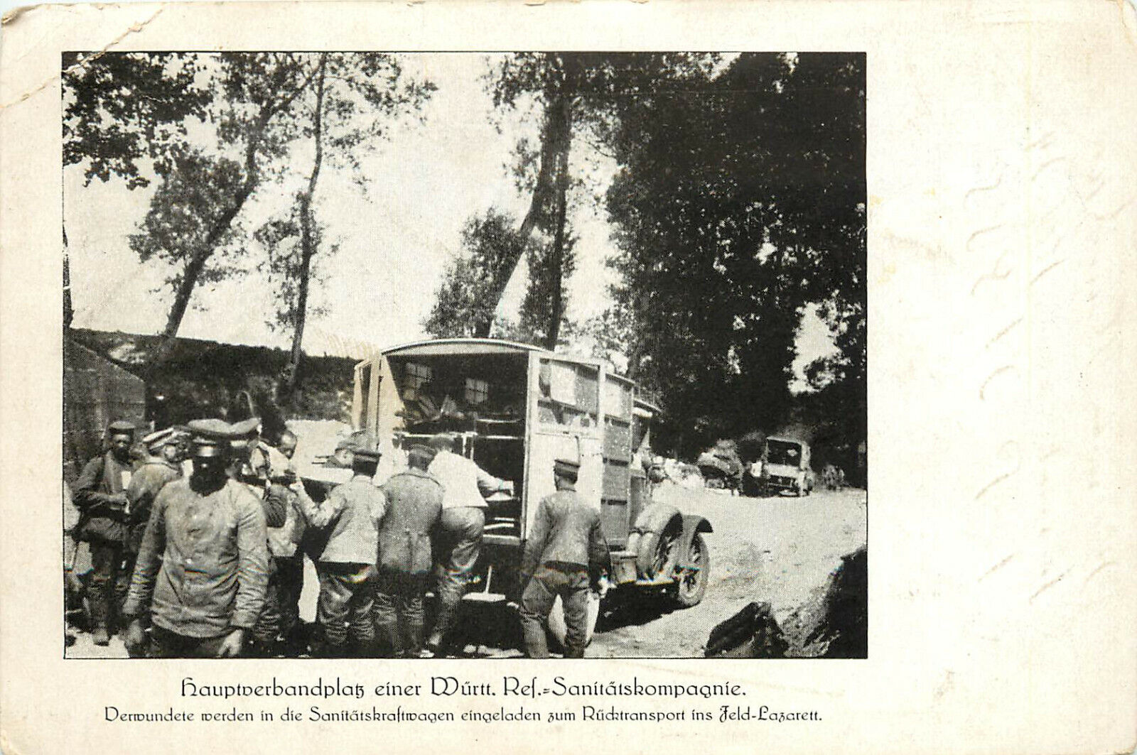 WWI Feldpost Postcard Wounded Men Being Loaded into Ambulance Sanitatskompagnie